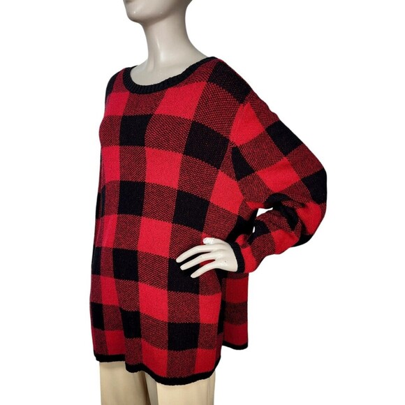 Grunge RED/BLK Buffalo Plaid Check Knit Flannel Pullover Basic Fall Sweater - Picture 2 of 7